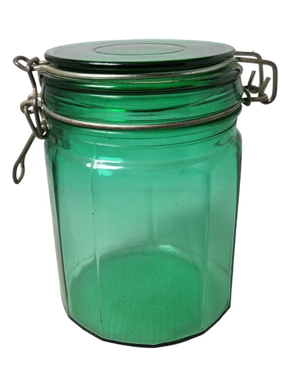 Vintage Juniper Green Paneled Glass Canister Locking Lid Jar